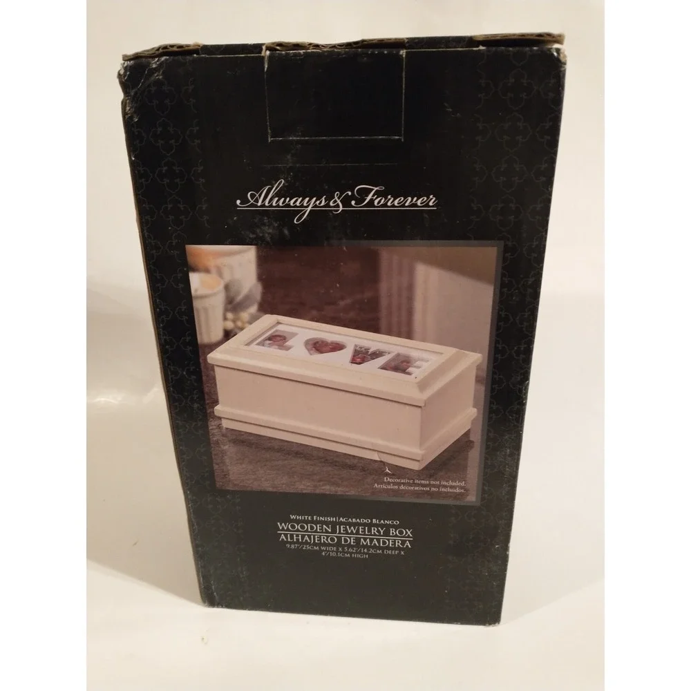 Always & Forever White Wooden Jewelry Box Photo Frame Lid LOVE HOPE Matte Finish